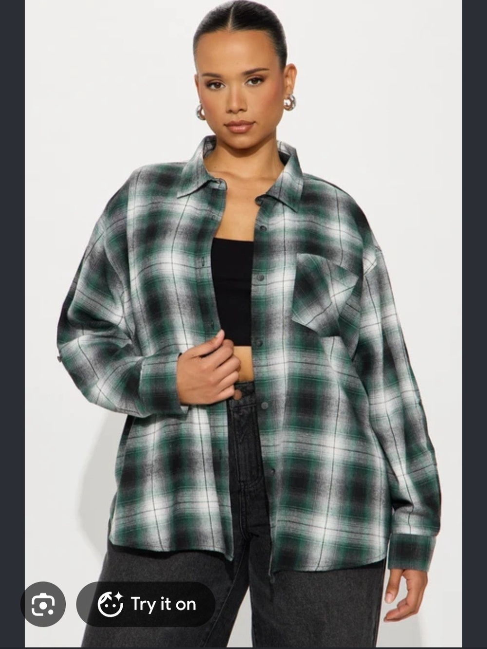 NWT Ava & Viv Women's Oversized Plaid Flannel Button-Down Shirt – Green Combo 1X